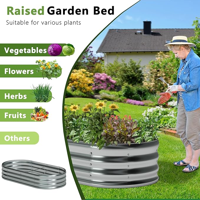 8x2x1ft Oval Galvanized Raised Garden Bed,Outdoor Planter Box Metal Patio Kit Planting Bed for Vegetables Flowers and Succulents
