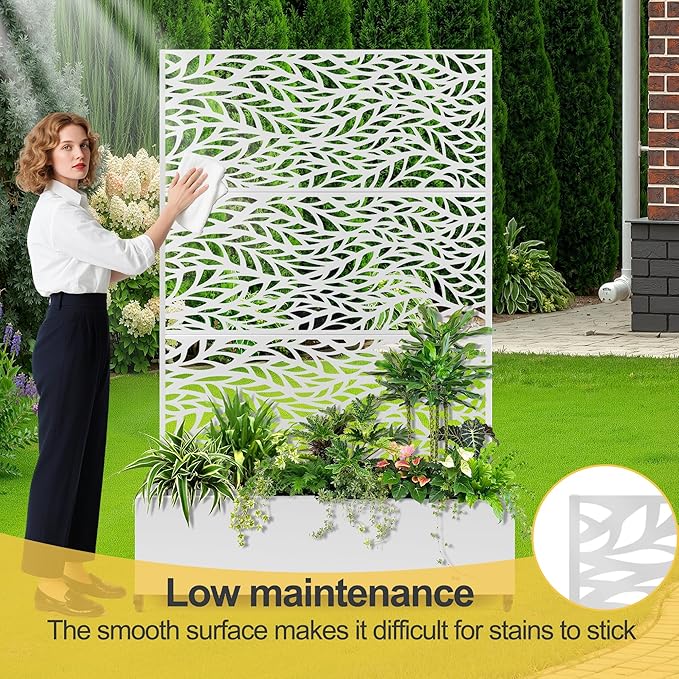 Raised Garden Bed with Trellis and Wheels,73"x47"x16" Metal Raised Garden Bed,White Flowing Leaf Metal Planter with Climbing Trellis for Vines & Vegetables