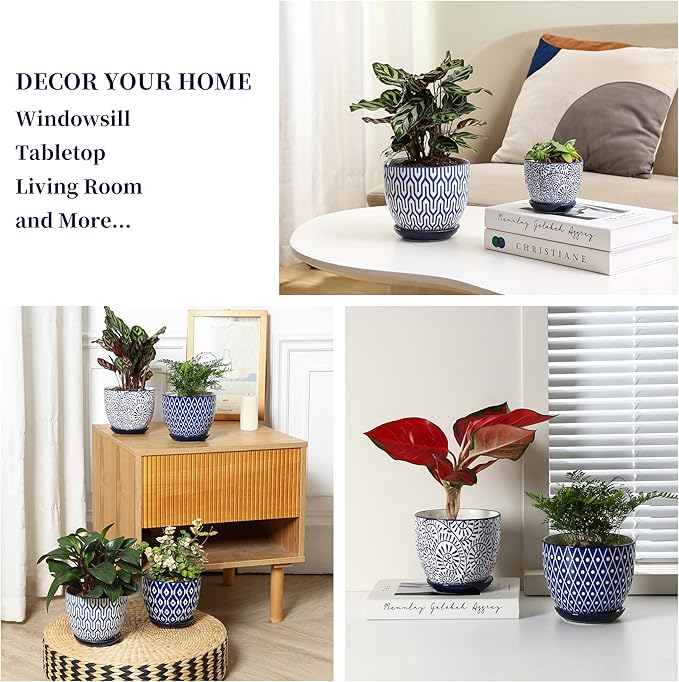 Selamica Ceramic Plant Pots, 5.6 Inch Flower Pots for Indoor Plants, Planters with Drainage Hole and Saucer, Garden Pots for Succulent, Orchid, Home Decor, Set of 4, Vintage Blue