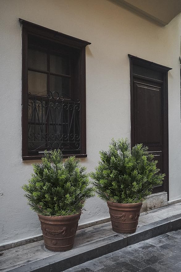 momoplant 31 Inch Tall Artificial Cedar Topiary Tree Set of 2 Faux Cypress Evergreen Potted Plants for Outdoor & Indoor Decor