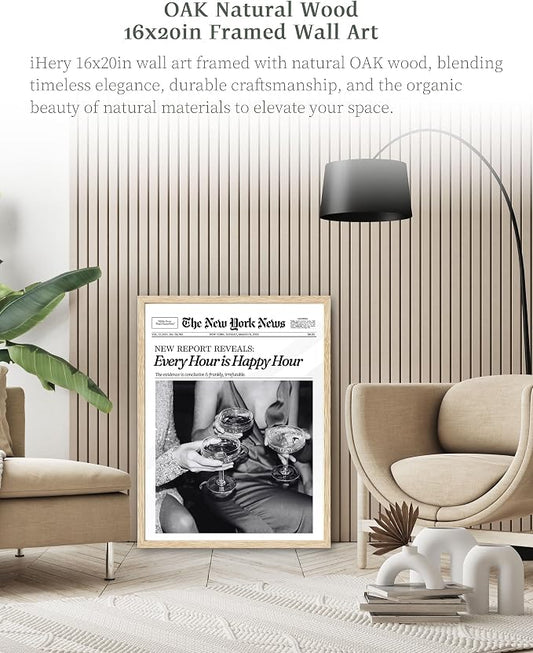 iHery Every Hour is Happy Hour Framed Trendy NewsPaper Wall Art, Natural OAK - Image 2