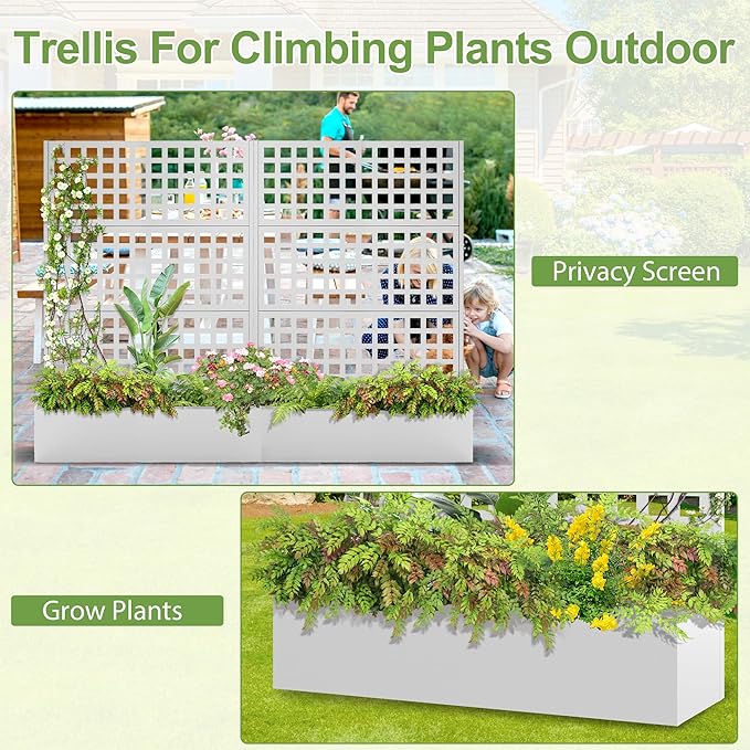Metal Raised Garden Bed, Trellis Planters Bed with Drainage Holes for Climbing Plants, Vegetables Outdoor Privacy Screen with Planter Box 73"x47"x16", White