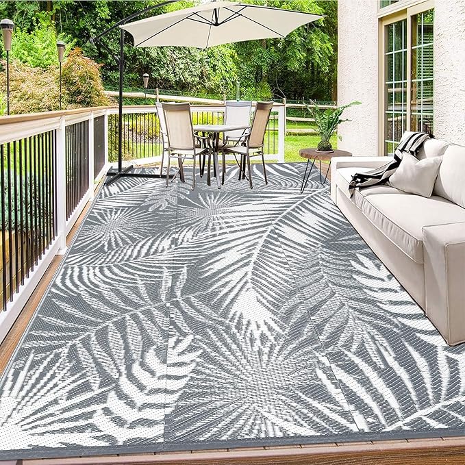 HiiARug Outdoor Reversible Plastic Straw Rug, 9'x12', Cool Gray, Large Patio Mat for RV, Backyard, Deck, Picnic, Beach, Trailer, Camping
