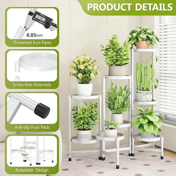 8 Tier Metal Plant Stand Indoor, Rotatable Corner Plant Shelf Outdoor, Tiered Flower Pot Display Stand, Multiple Plants Holder for Patio Living Room Balcony Garden Home Decor - White