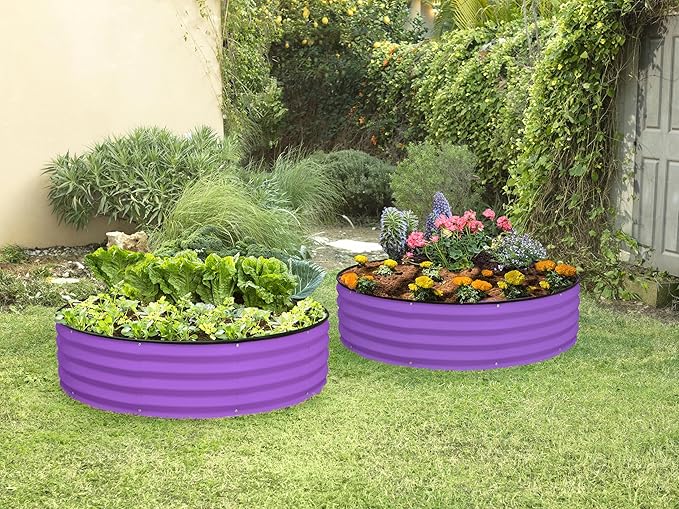 Round Galvanized Raised Garden Bed // 4×4×1 ft (2-Pack) Galvanized Raised Garden Beds Outdoor for Gardening, Vegetables, Flowers // Patented Tool-Free Design Round Planter (Purple)