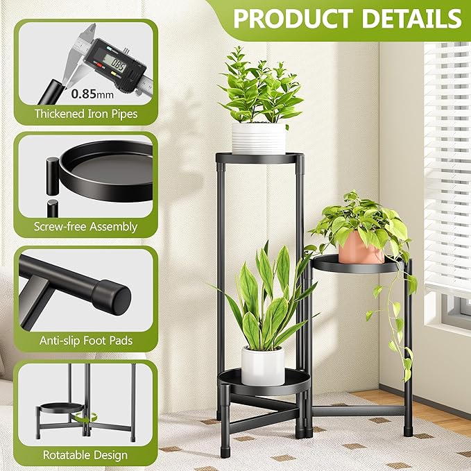 3 Tier Metal Plant Stand Indoor, Rotatable Corner Plant Shelf Outdoor, Tiered Flower Pot Display Stand, Multiple Plants Holder for Patio Living Room Balcony Garden Home Decor - Black