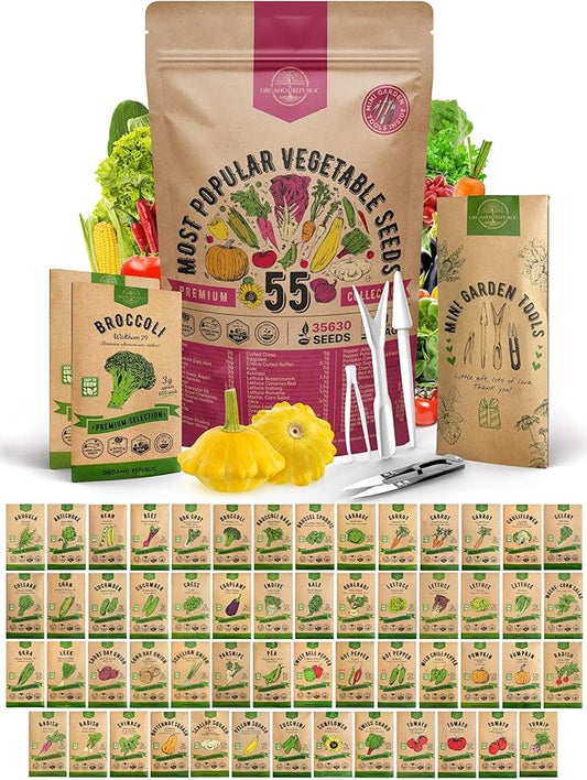 55 Vegetable Seeds Variety Pack - 35,600+ Non-GMO Heirloom Seeds for Planting Vegetables and Fruits in Individual Seed Packets, Home Garden Seeds for Hydroponic, Indoor and Outdoors Gardening