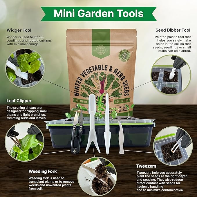 Organo Republic 25 Winter Vegetable & Herb Garden Seeds Variety Pack for Outdoors & Indoor Home Gardening 22,840+ Non-GMO Heirloom Seeds Broccoli Beet Carrot Cabbage Radish Pea Mint Thyme Parsley