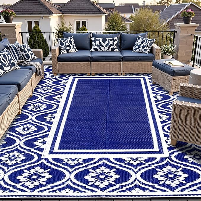 Outdoor Rug 8x10 Patio Waterproof Mat Camping Carpet Outside Area Rug Reversible Light Blue Rugs for RV Deck Entryance Porch Picnic Balcony Beach