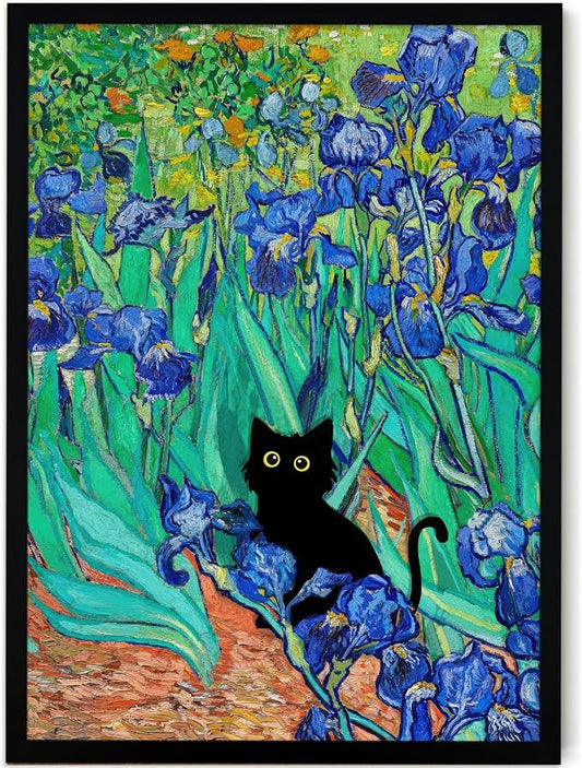 Fantasy Artists Van Gogh Irises Cat Wall Art, Framed Vintage Garden Canvas Wall by Unknown