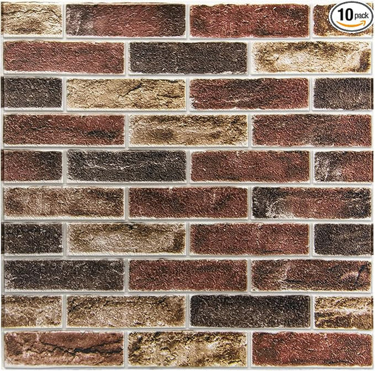 Art3d 10-Pack 52.5 Sq.Ft Faux Brick 3D Wall Panels Peel and Stick in Red Brown by Art3d