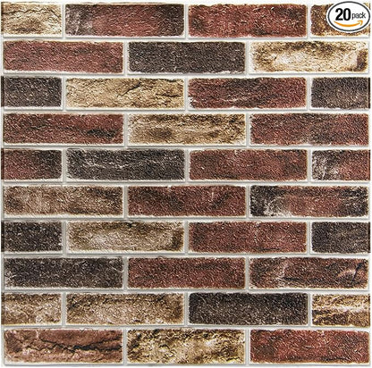 Art3d 20-Pack 105 Sq.Ft Faux Brick 3D Wall Panels Peel and Stick in Red Brown by Art3d