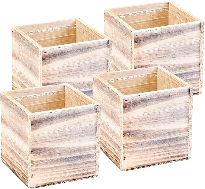Wooden Planter Box, Rustic Whitewash with Plastic Liner l Garden Decor l Restaurant and Wedding Decorations l Wedding Bouquets, Table Centerpiece (5x5 Set of 4, Whitewash)