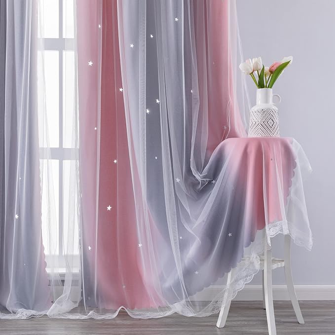 XiDi Curtains for Bedroom Decor, Rainbow Pink-Grey-52-54 - Image 4