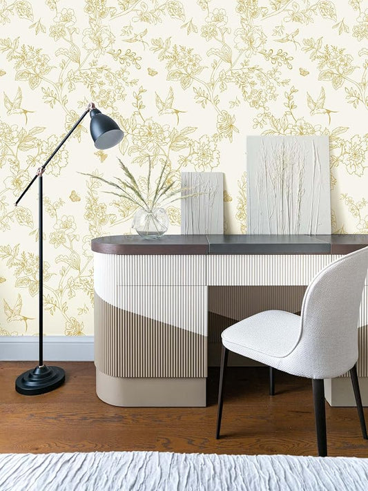 Froluya Cream White and Gold Floral Wallpaper Peel and Stick Wallpaper - Image 2