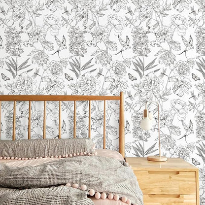 Jiffdiff White and Black Wallpaper Peel and Stick Sketched Peony Floral - Image 4
