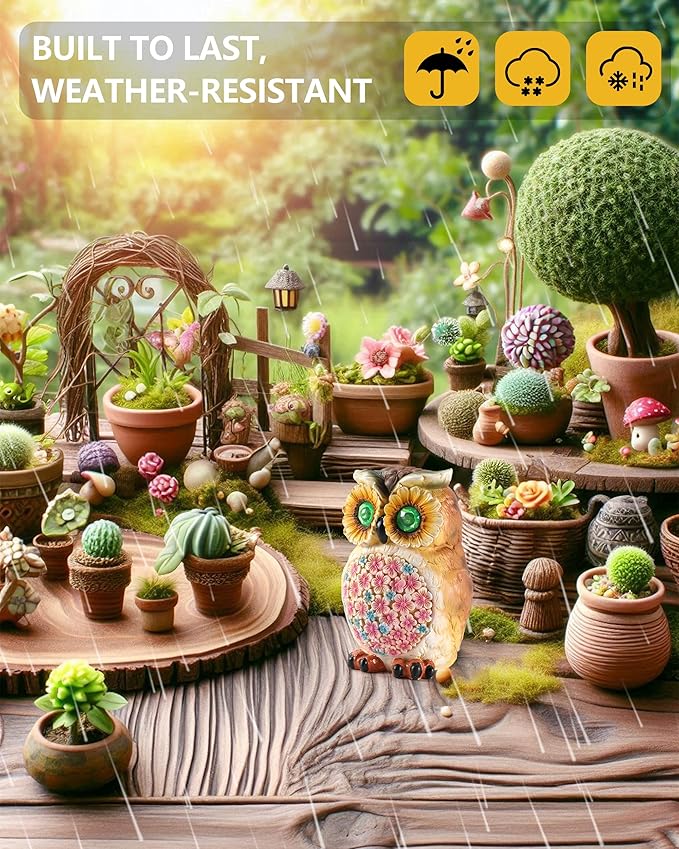 Hand-Painted Resin Owl Figurine with Glow-in-The-Dark Eyes, Solar-Powered Garden Decor 5.5'' Lawn Ornaments Statue Gardening Gifts for Outside Yard Art Patio (Owl)