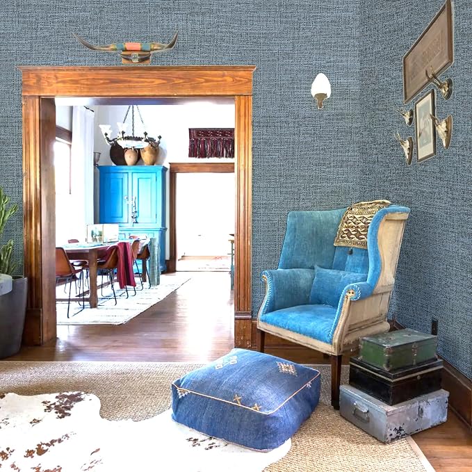 Amiya Grasscloth Wallpaper Blue Peel and Stick Faux Fabric Linen Contact Paper - Image 8