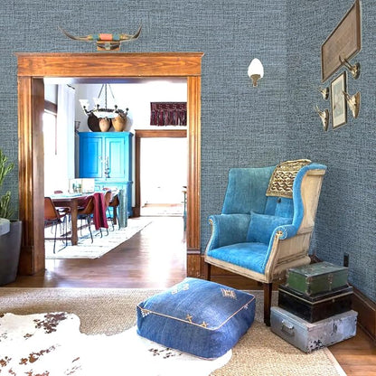 Amiya Grasscloth Wallpaper 17.3"x80" Blue Peel and Stick Faux Fabric Linen - Image 3