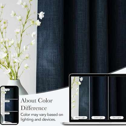 NICETOWN Navy Blue Faux Linen Room Darkening Rod Pocket Curtains 63 inch Length - Image 5