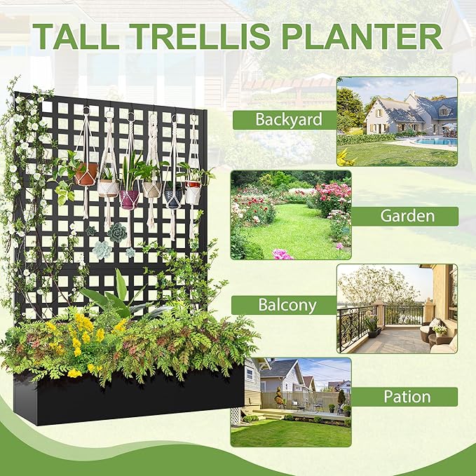 Metal Raised Garden Bed, Trellis Planters Bed with Drainage Holes for Climbing Plants, Vegetables Outdoor Privacy Screen with Planter Box 73"x47"x16", Black