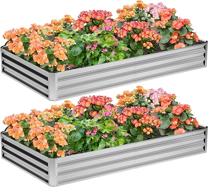 2PCS 8x4x1FT Galvanized Raised Garden Bed,Planter Raised Beds-Metal Garden Box,Large Plant for Outdoor Planting, Vegetables Bed,Flower,Herb-Sliver
