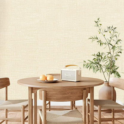 Amiya Grasscloth Cream Wallpaper Peel and Stick Beige Faux Fabric Linen Contact - Image 4