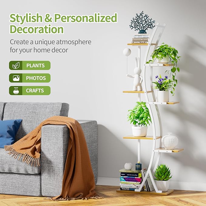 62" Tall Plant Stand with Grow Light Indoor, 7 Tiered White Plant Shelf for Indoor Plants, Curved Corner Flower Stand Display Rack Holder for Living Room, Patio, Balcony Decor
