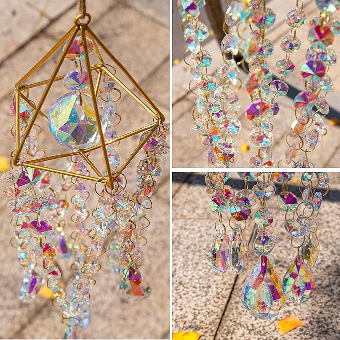 HDCRYSTALGIFTS Crystal Suncatchers for Window Hanging Wind Chime Style Garden Sun Catchers with Crystals Rainbow Maker Indoor Outdoor Decor Handmade Gold Plated