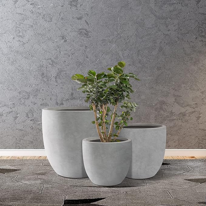 Kante 18",14",10" Dia Concrete Round Planters (Set of 3), Outdoor Indoor Large Planter Pots with Drainage Hole and Rubber Plug for Home Patio Garden, Natural Concrete