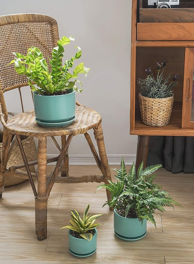 LE TAUCI Ceramic Plant Pots, 4.3+5.3+6.8 inch, Set of 3, Planters with Drainage Hole and Saucer, Indoor Flower Pot with Hole Mesh Pad, Gifts for Mom, Aqua