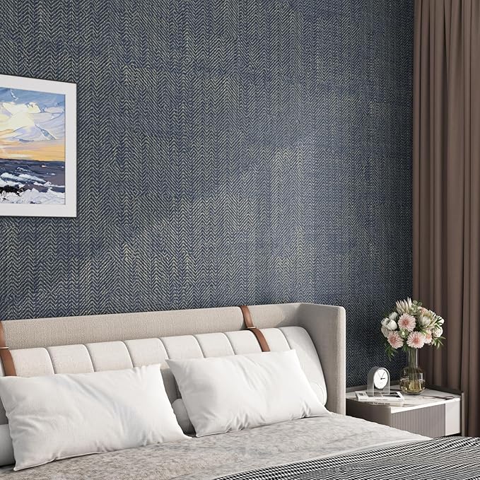 FunStick Gold Navy Blue Grasscloth Wallpaper Peel and Stick Wallpaper Textured - Image 5