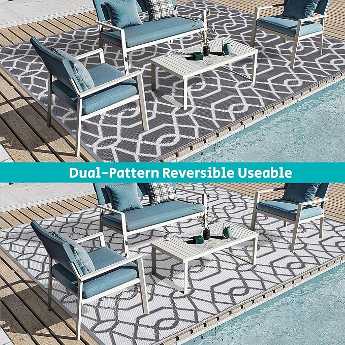 HEBE Outdoor Rug Waterproof 9x12, Reversible Plastic Straw Rug RV Camping Rug, Indoor Outdoor Patio Mat Clearance, Outside Carpet for Porch,Deck,Camper,Balcony,Backyard,Picnic