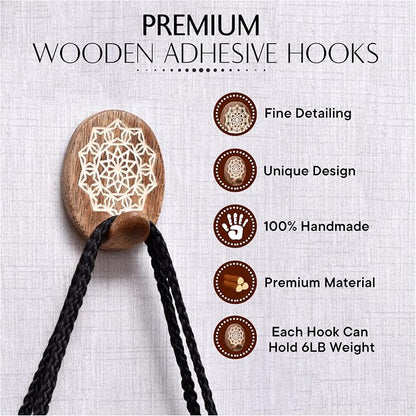 Indian Shelf 6 Lb- 6 Pieces Decorative Wood Adhesive Wall Hooks–Boho Peel and - Image 5