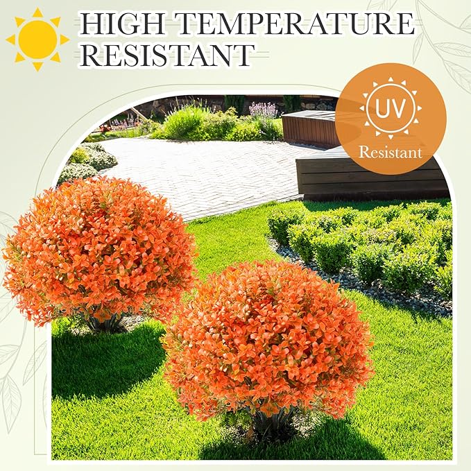 Yunlly 4 Pack 18" Artificial Boxwood Ball Bush Topiary Trees Fake Outdoor Plants, Realistic UV Resistance Faux Shrubs with Spike Greenery Topiary for Front Porch Garden Yard Patio Indoor (Orange)