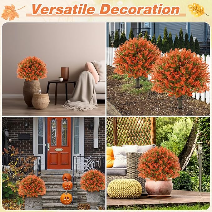 Yunlly 4 Pcs 18 Inch Fall Artificial Boxwood Ball Topiary Tree Outdoor Plants Bush, UV Resistance Faux Shrub with Spike Fall Porch Decor for Indoor Garden Yard Porch Patio Decor (Orange)