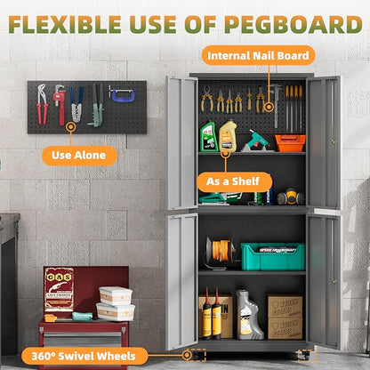Garage Storage Cabinet with Wheels, Lockable Metal Storage Cabinet - Image 5