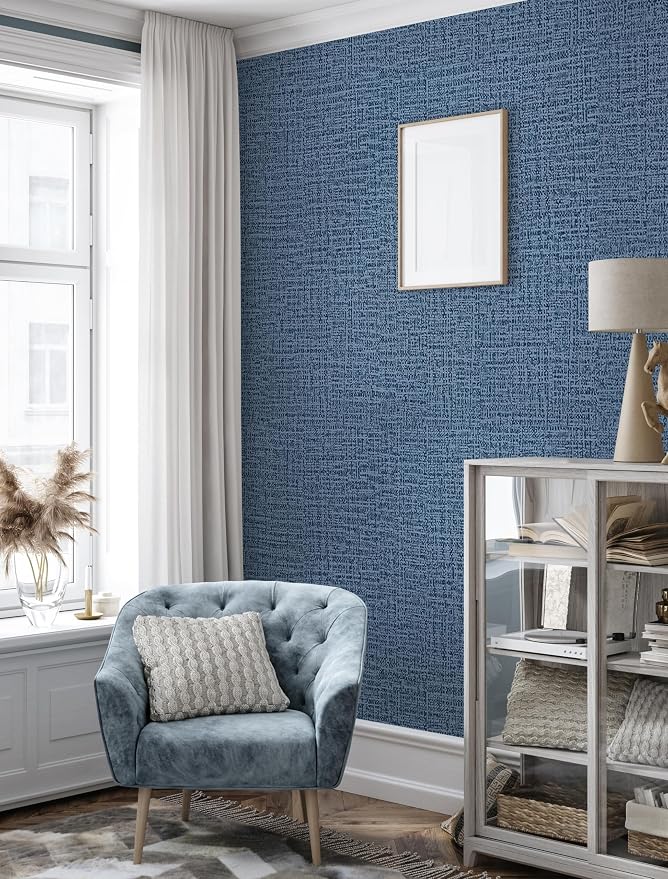 Blue Wallpaper Grasscloth Peel and Stick Wallpaper 17.7inch x 118.1inch - Image 7