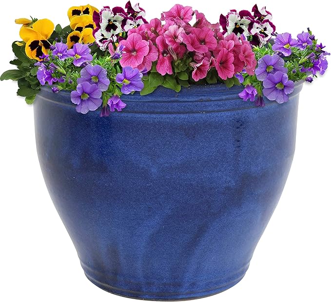 Sunnydaze 18.5" Large Ceramic Plant Pot - Round Outdoor Glazed Ceramic Planter Pot with Drainage - Imperial Blue - Studio