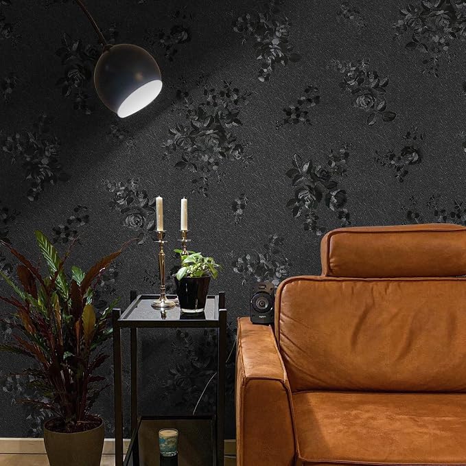 Black Peel and Stick Wallpaper Silk Embossed Floral Contact Paper - Image 3