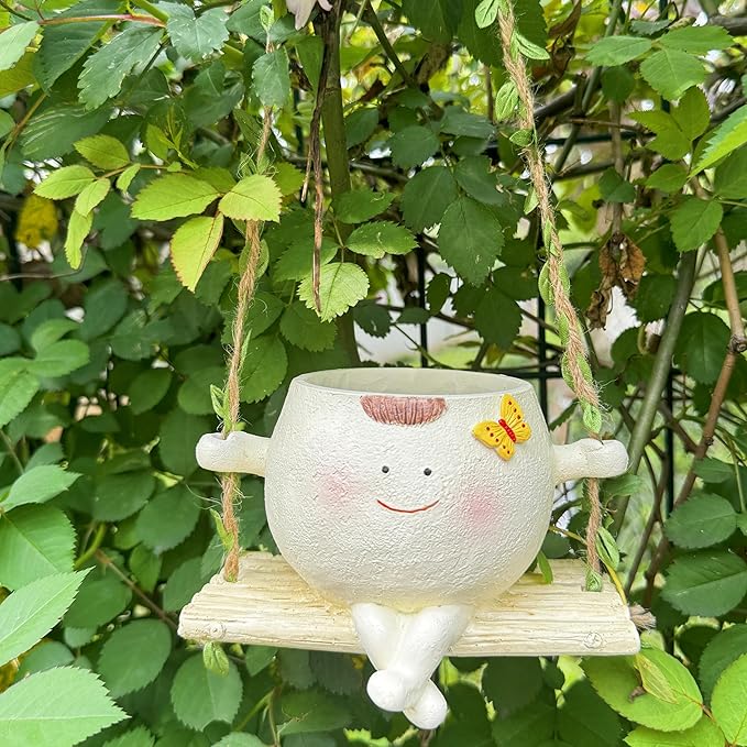 SUQ I OME Hanging Baby face Planter Pot with Butterfly Decorations,Indoor and Outdoor Resin Hanging Pot Decor