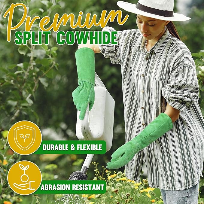 HANDLANDY Leather Gardening Gloves, Thorn Proof Long Gauntlet Heavy Duty Garden Gloves, Elbow Length Rose Pruning Weeding Yard Glove (Small, Green)