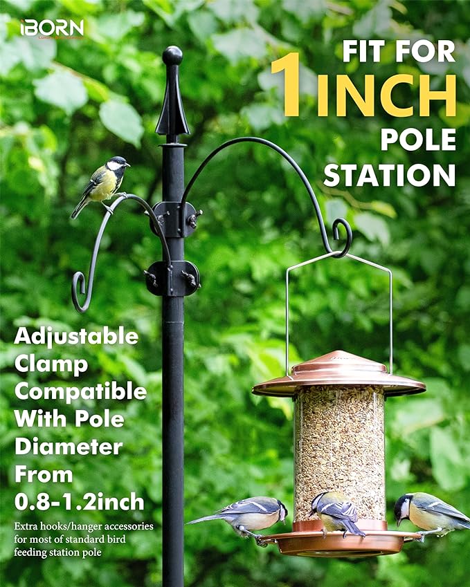 iBorn Bird Feeders Hangers for 1” Pole Stand Station Outdoor Hanging Hooks for Humming Bird Feeders for Outside Plant Hanger Hook Bracket Kit 12.2 Inch Long Metal Hooks for 1 Inch Pole, Pack of 2