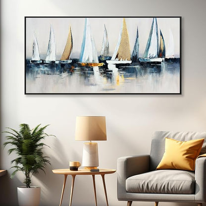 Abstract Wall Art Blue and White Sailboat Wall Paintings Framed Artwork - Image 2