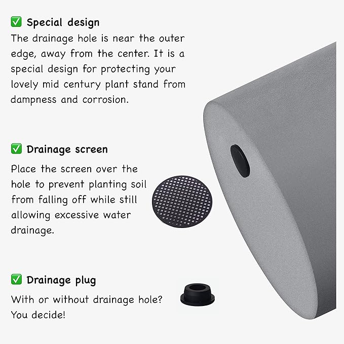 FaithLand Plant Pot 14 inch - Perfectly Fits Mid-Century Modern Plant Stand - Drainage Plug and Drainage Mesh Screen - Gray Planter Pot.