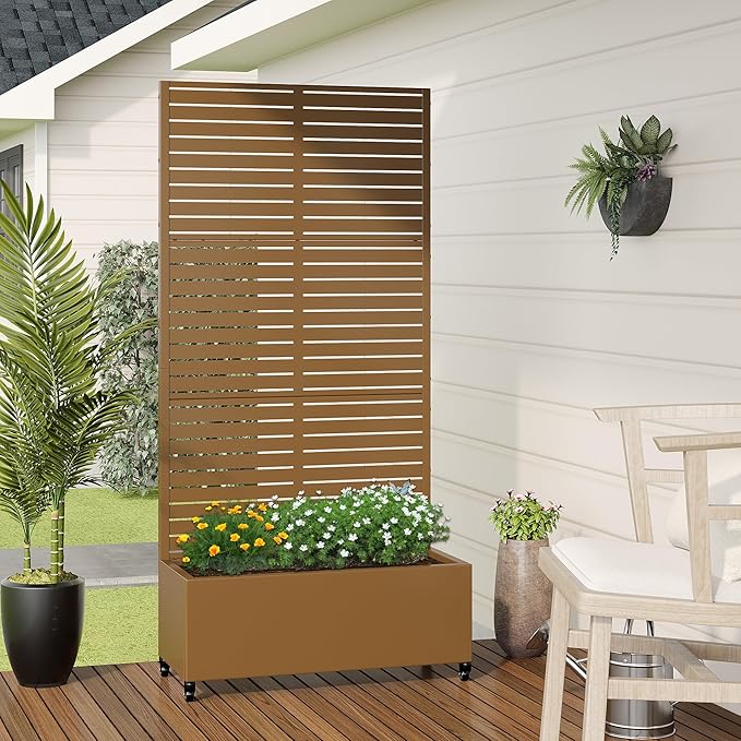 Casaphoria Metal Raised Garden Bed with Trellis and Wheels, 72"x35"x16" Planter Box for Climbing Plants, Vegetables & Vines, Features Drainage Holes and Privacy Screen (Brown-Louvered)