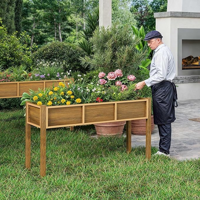 YITAHOME Raised Garden Bed, 47x18x31 Inch HIPS Poly-Wood Weather-Resistant Elevated Planter Box with Legs for Vegetable Flower, Brown