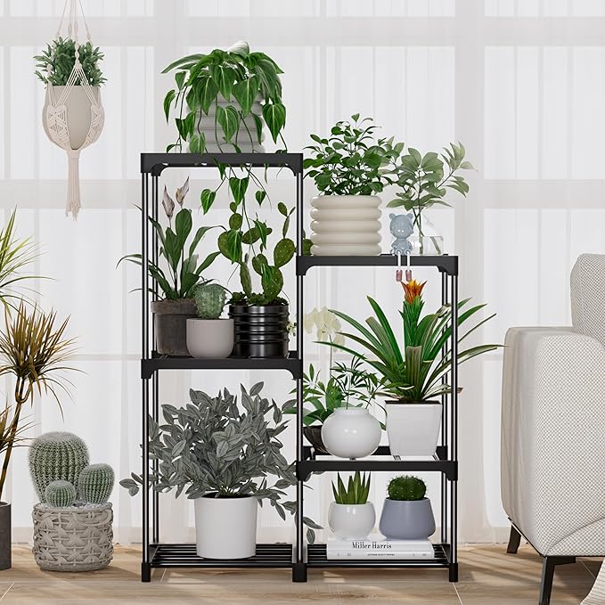 Plant Stand Indoor Outdoor Hanging Plant Shelf for Multiple Plants Pots Metal Flower Stand Flower Holder for Living Room, Patio, Balcony, Garden Decor, Black