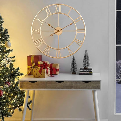 CLXEAST Champagne Gold Metal Wall Clock, Large Roman Numeral 24 Inch Wall Clocks - Image 6