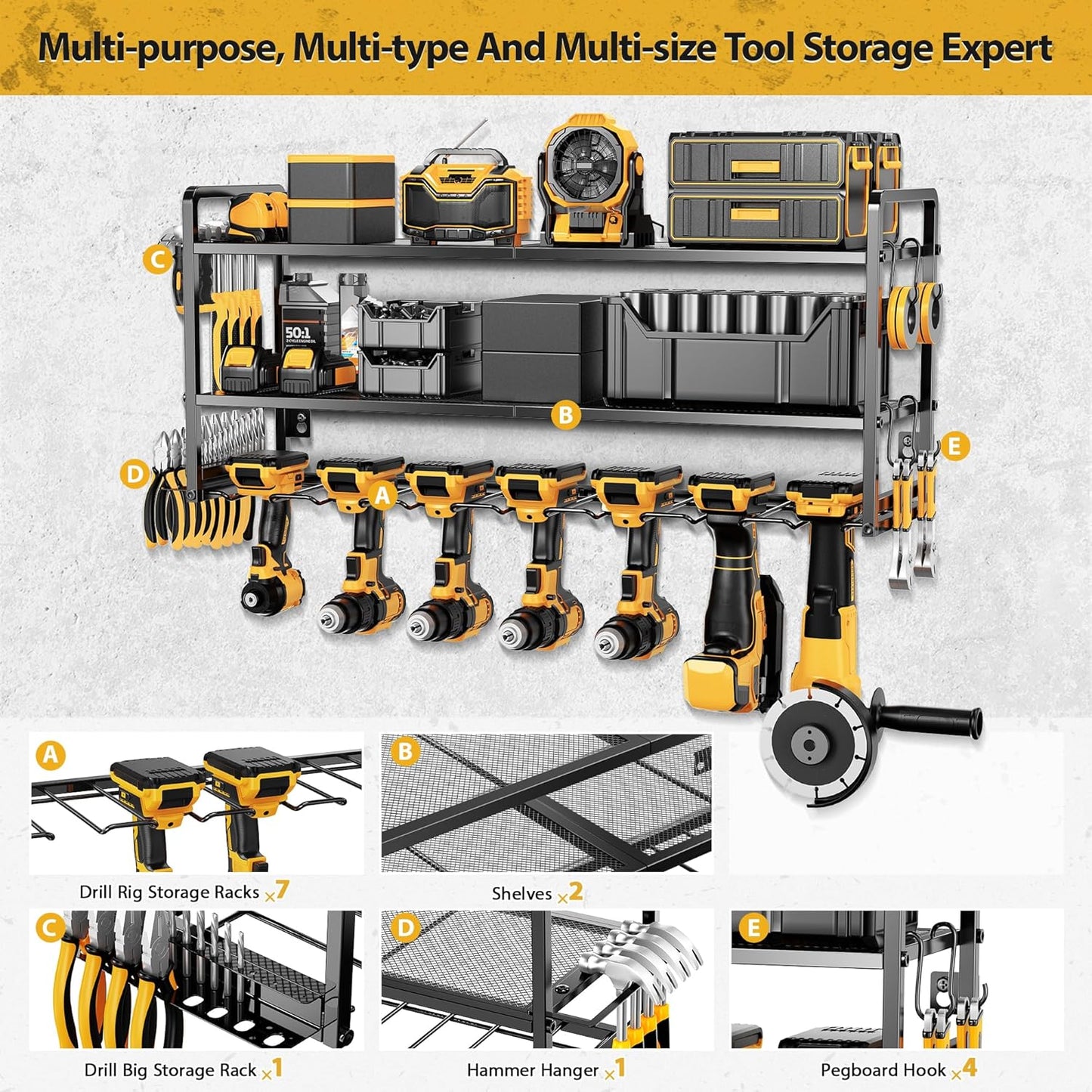LBT Power Tool Organizer Wall Mount - 3 Layer Heavy Duty Tool Storage Rack with 7 Cordless Drill Holders, Loads 160Lbs Utility Rack for Garage, Workshop, Shed - Cool Gifts for Men, Dad, Husband